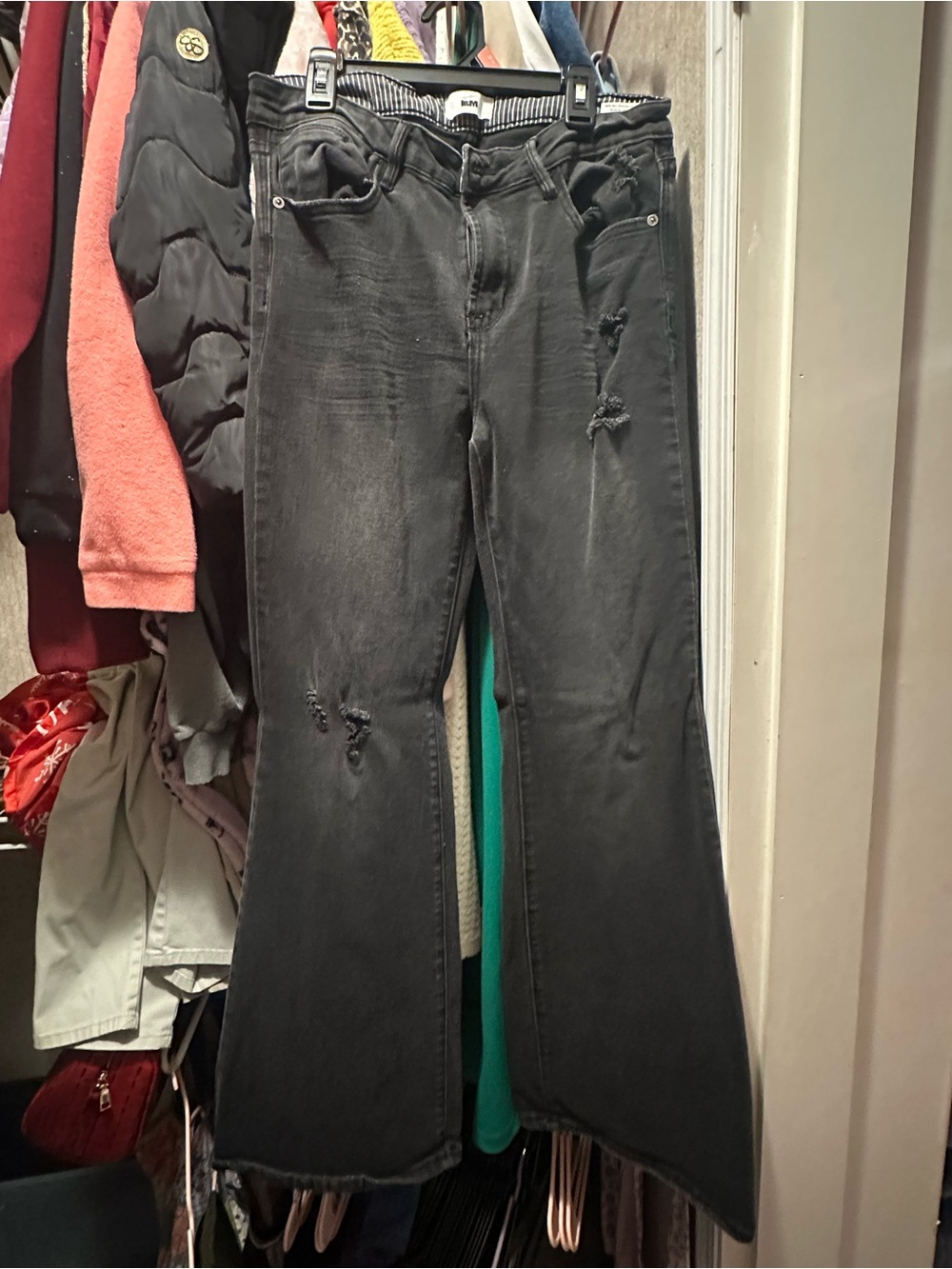 High-Rise Black Distressed Flare Jeans